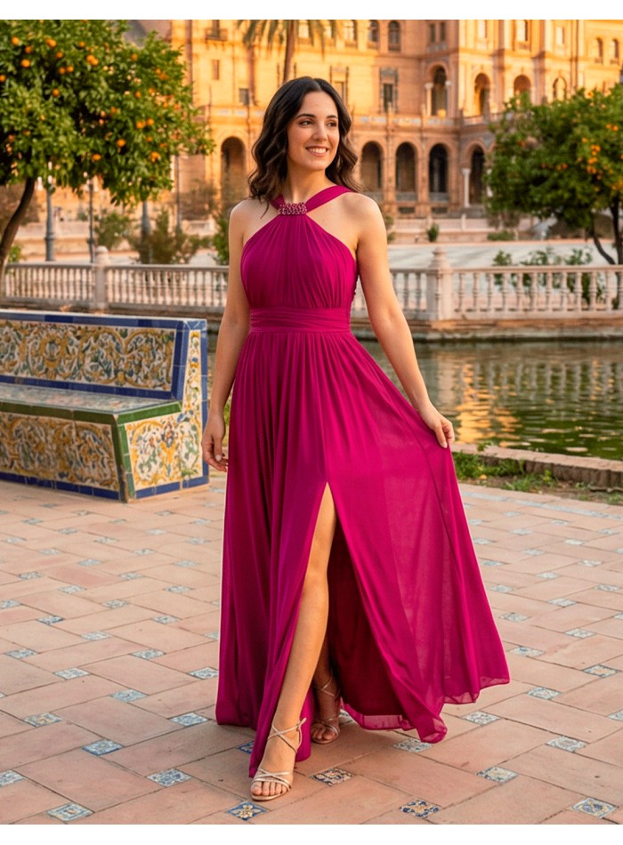 Robe de fête longue de couleur bougainvillier...