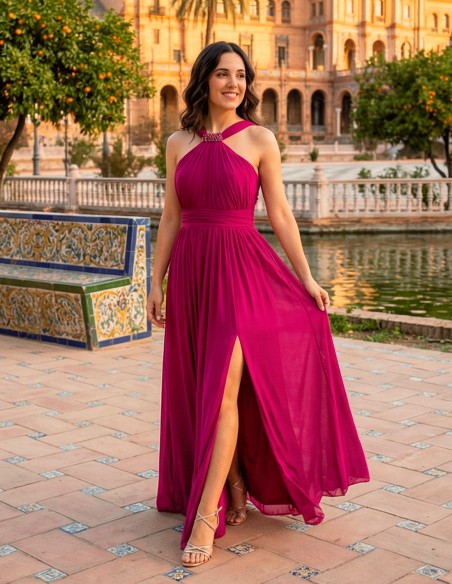 Bougainvillea colored long party dress with halter neckline, rhinestones and opening