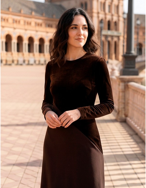 Brown midi guest dress with fabric combined with velvet... 2