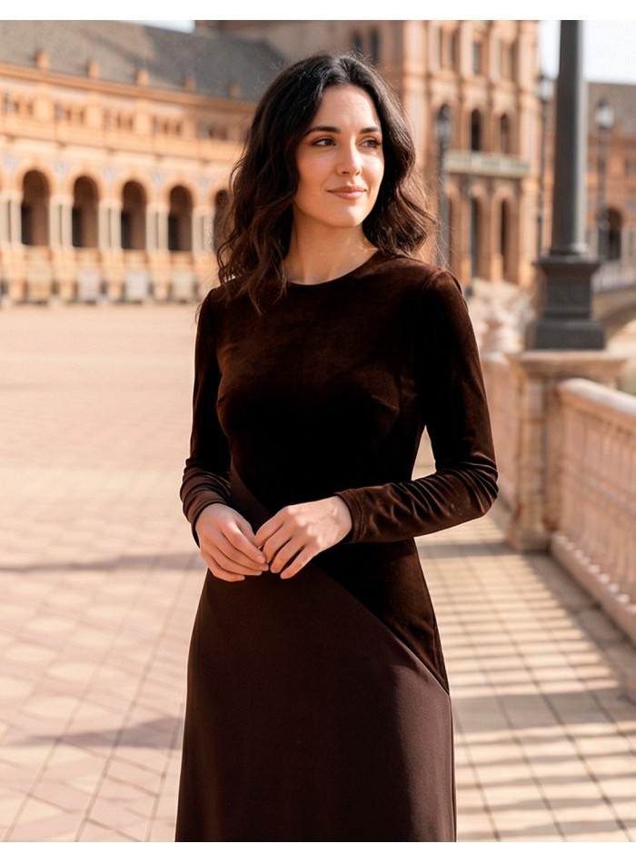 Brown midi guest dress with fabric combined...