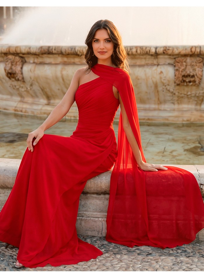 Long red chiffon greek style ball gown