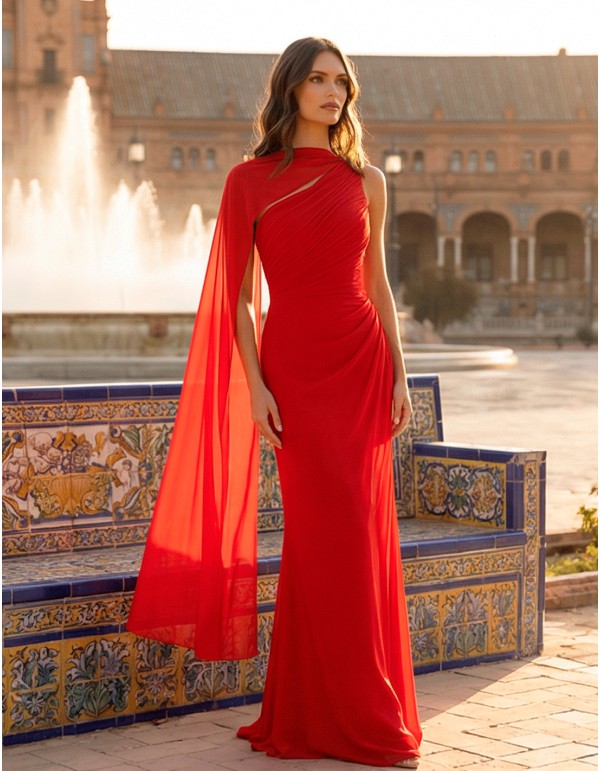 Long red chiffon greek style ball gown
