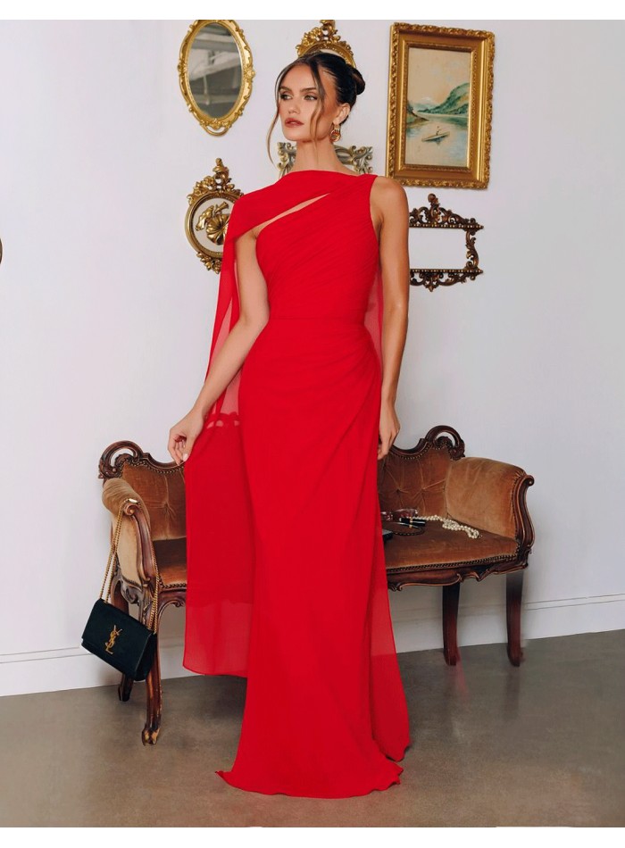 Long red chiffon greek style ball gown