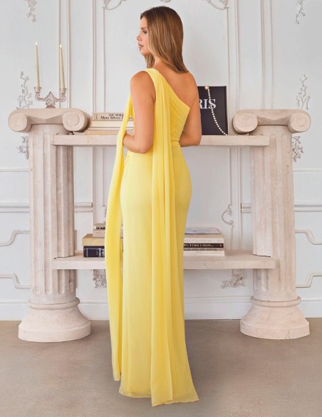 Robe de soirée longue en mousseline de soie jaune pastel de style grec