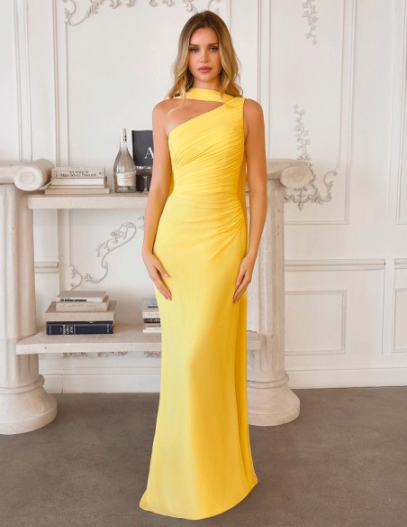 Pastel yellow long gauze Grecian style gown in chiffon