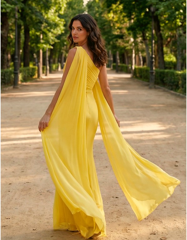Robe de soirée longue en mousseline de soie jaune pastel de style grec 2