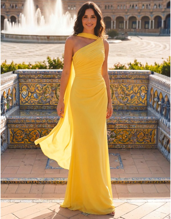 Pastel yellow long gauze Grecian style gown in chiffon