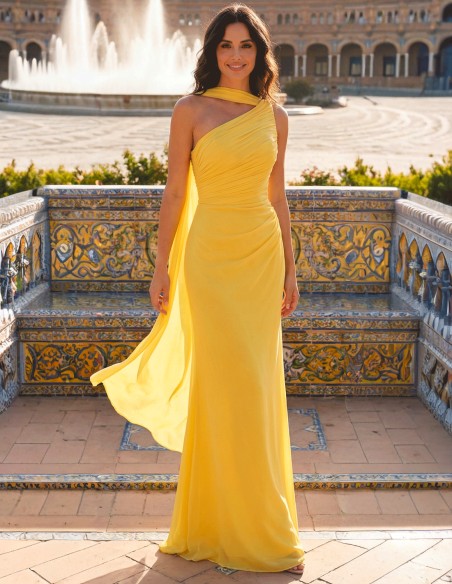 Robe de soirée longue en mousseline de soie jaune pastel de style grec
