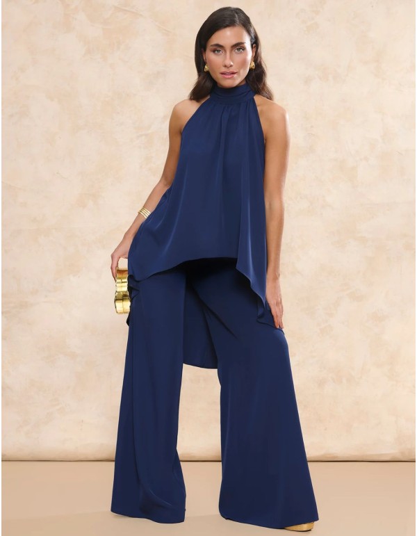 High-waist navy guest pants with palazzo cut 2