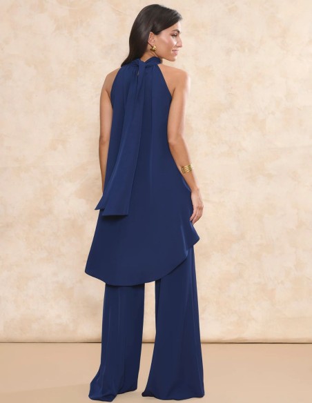 Pantalon d'invité à taille haute de couleur marine avec une coupe palazzo