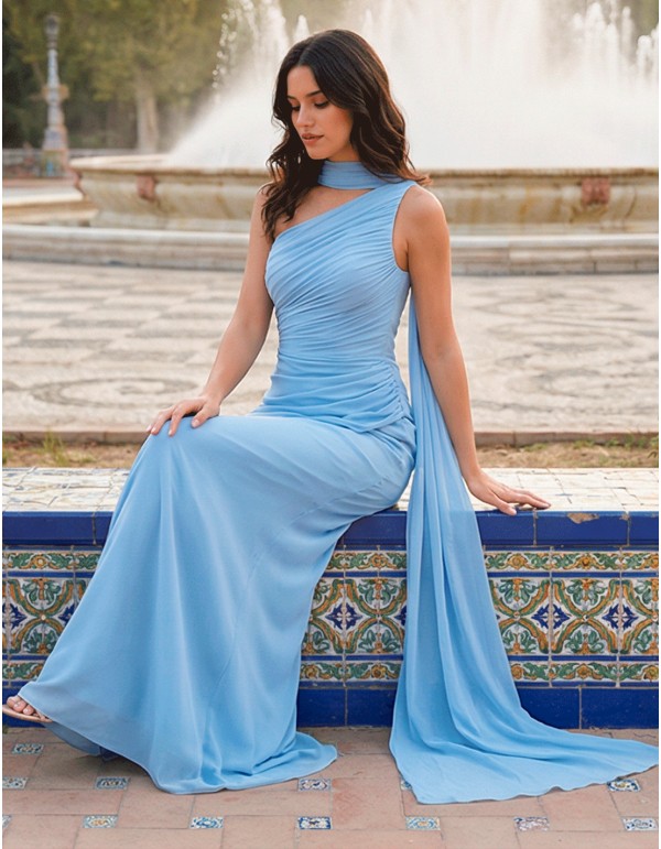 Pastel blue chiffon long party dress with asymmetrical neckline