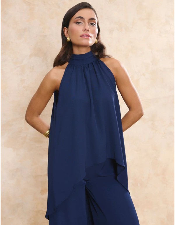 Multi-position navy blue halter-neck halter top with...