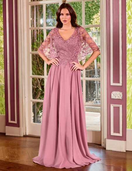 Vestido de madrina largo con cuerpo de encaje tipo capa y falda de gasa