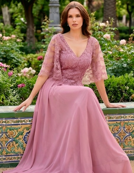 Long godmother dress with lace cape bodice and chiffon skirt