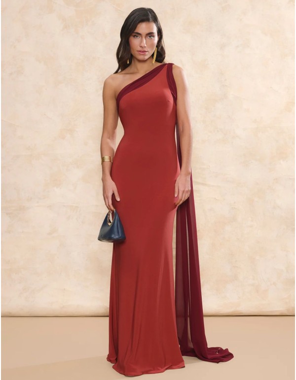 Terracotta long guest dress with asymmetrical neckline...