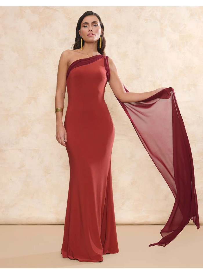 Terracotta long guest dress with asymmetrical...