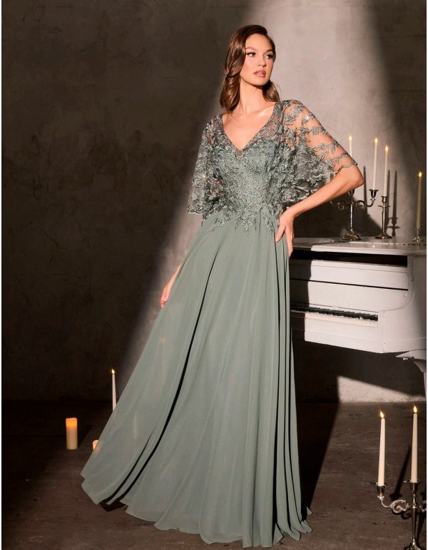 Light green long godmother dress with cape lace bodice 2