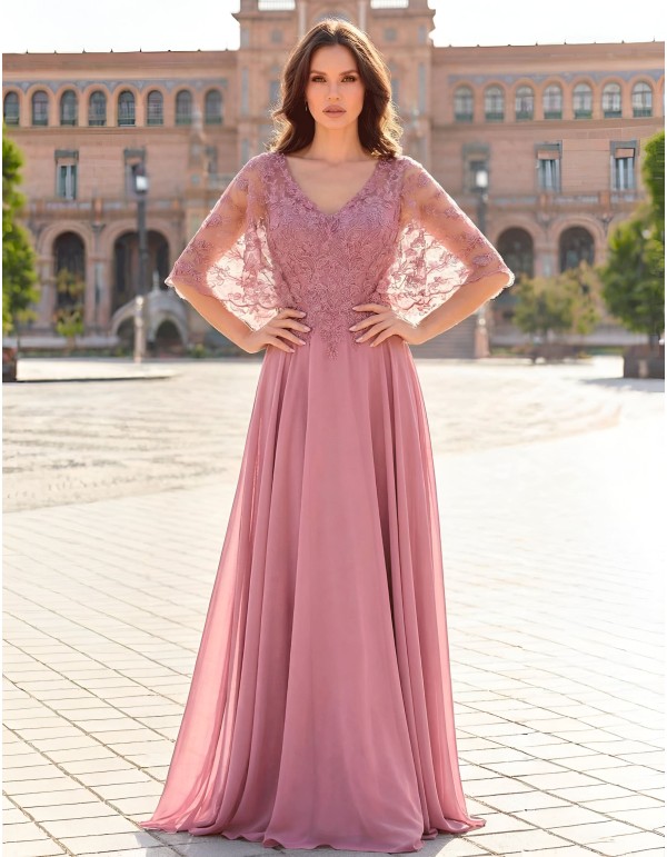 Long godmother dress with lace cape bodice and chiffon skirt