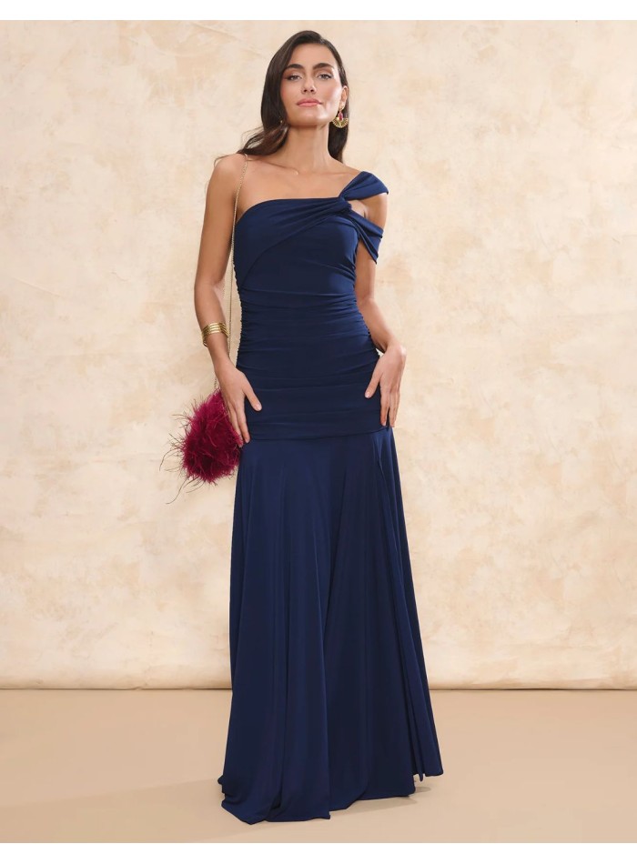 Long blue guest dress with asymmetrical...