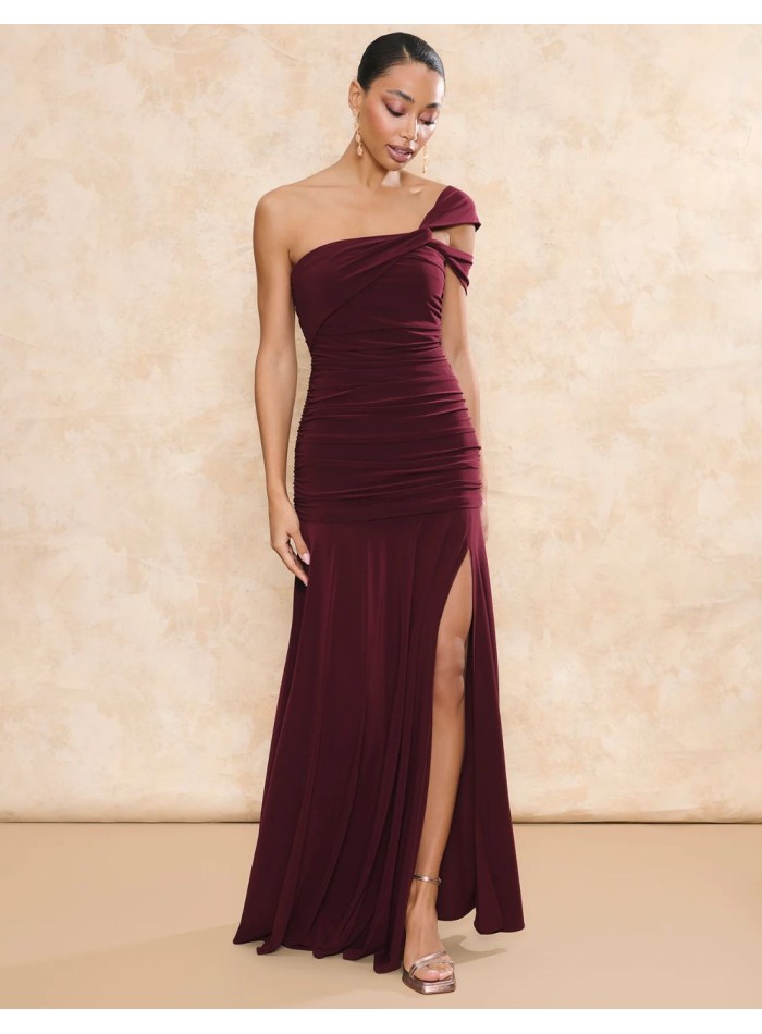 Maroon long guest dress with asymmetrical...