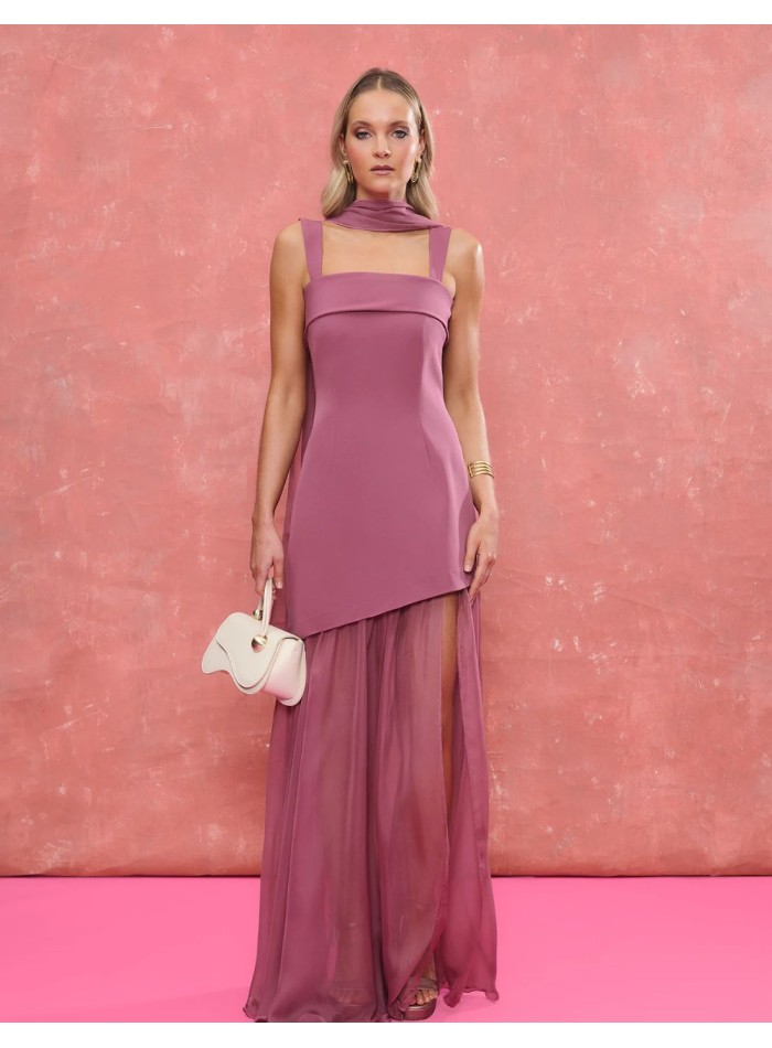 Mauve long guest dress with asymmetric skirt...