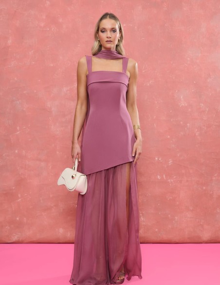 Mauve long guest dress with asymmetric skirt and chiffon