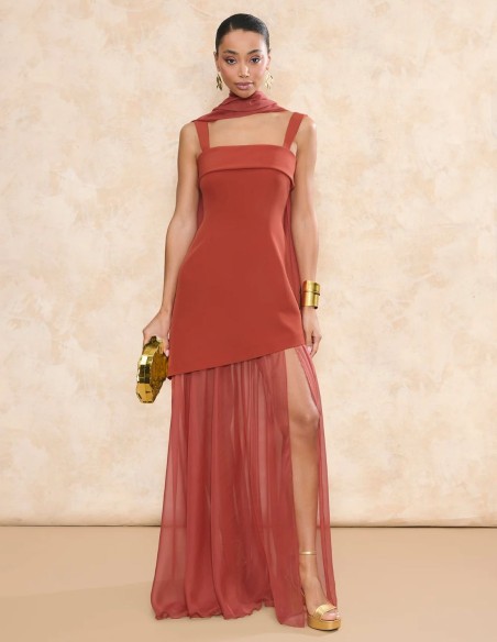 Terracotta long guest dress with asymmetric skirt and chiffon