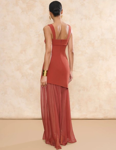 Terracotta long guest dress with asymmetric skirt and chiffon