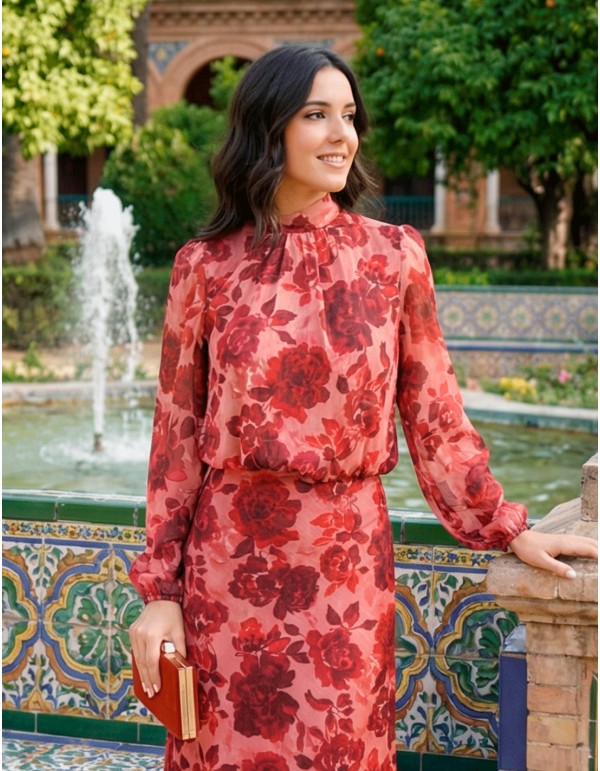 wedding Guest ensemble in red tones with large flowers