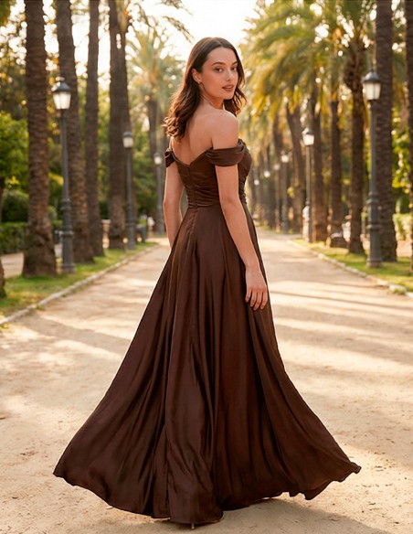 Brown satin long gown with sweetheart bandeau neckline