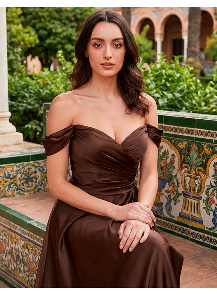 Brown satin long gown with sweetheart bandeau...