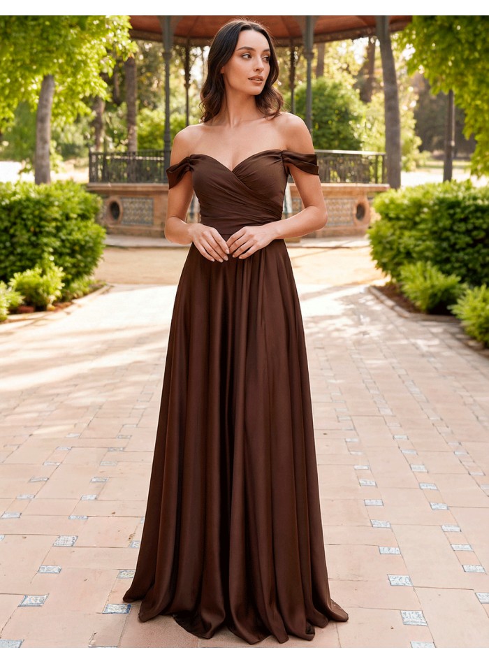 Brown satin long gown with sweetheart bandeau...
