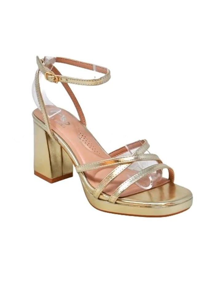 Gold strappy sandals with wide heels and platform