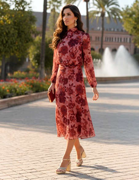 wedding Guest ensemble in red tones with large flowers