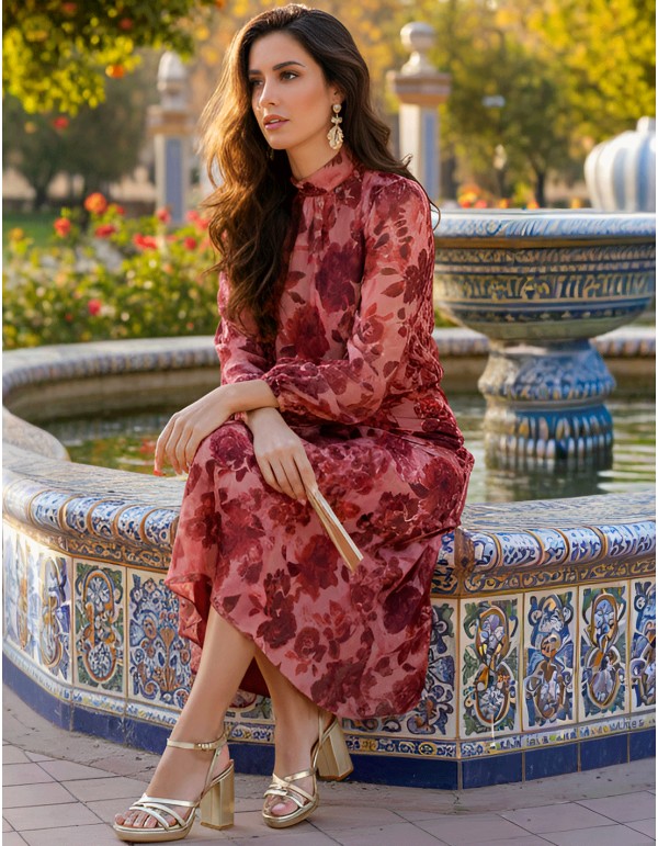 Tenue d'invité dans les tons de rouge avec de grandes fleurs 2
