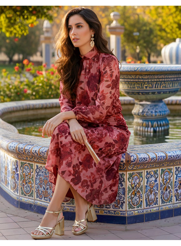 wedding Guest ensemble in red tones with large...