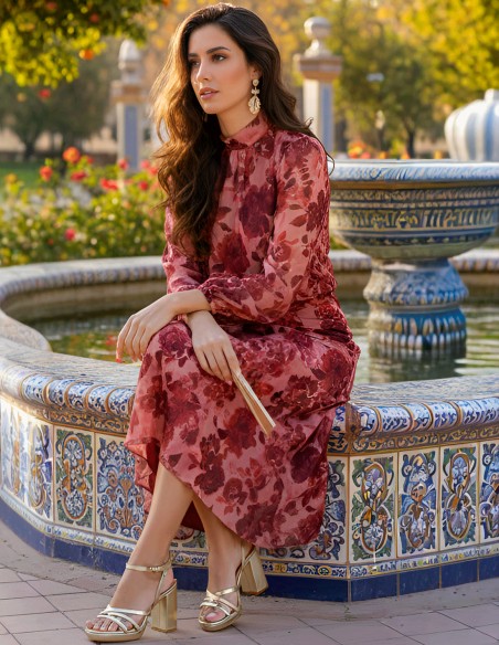 wedding Guest ensemble in red tones with large flowers