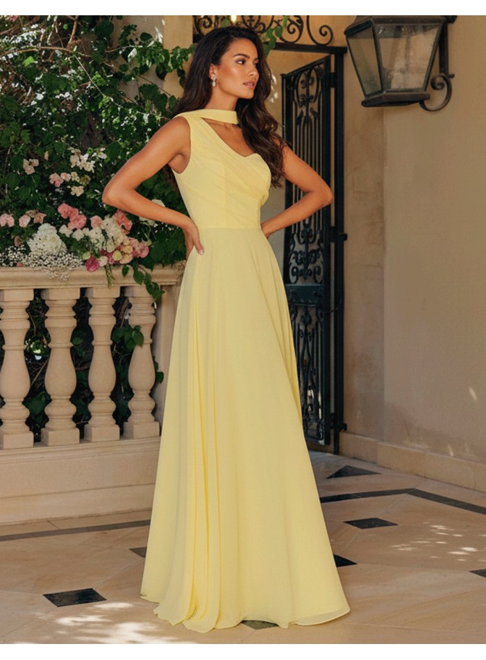 Pastel yellow long gown with asymmetrical...