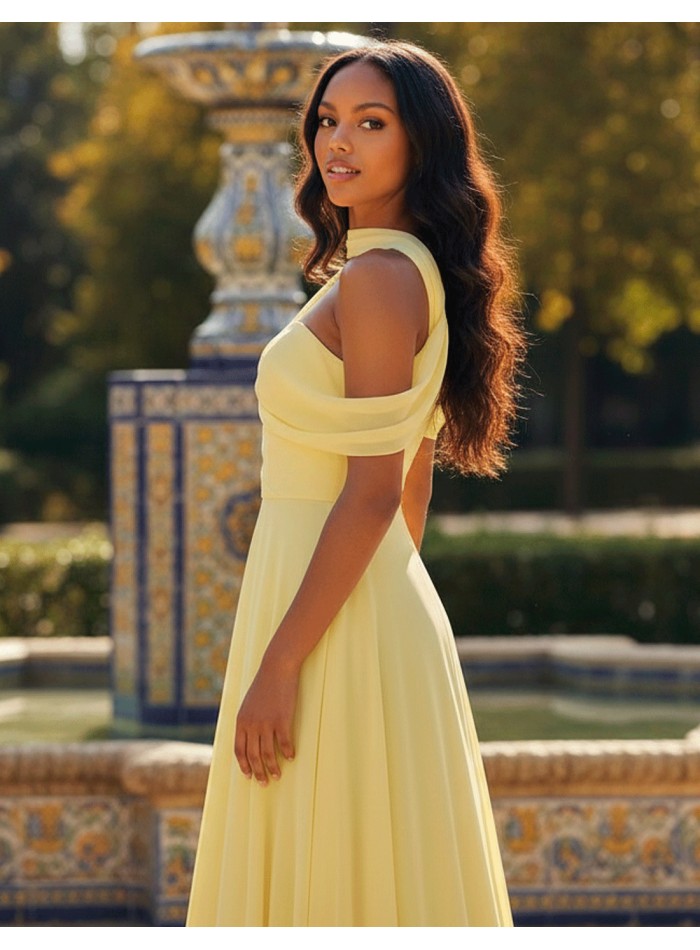 Pastel yellow long gown with asymmetrical...