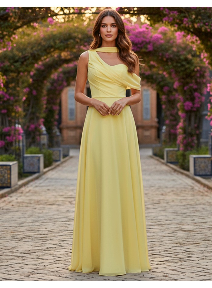 Pastel yellow long gown with asymmetrical...