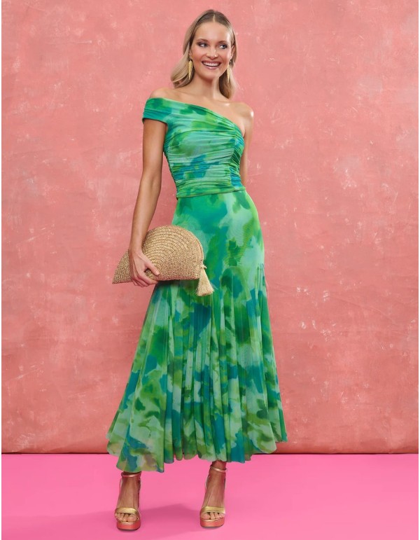 Green printed guest top with asymmetrical neckline and... 2