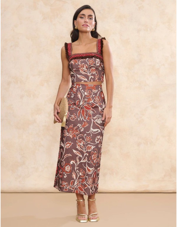 Brown printed midi skirt with flared fit