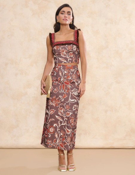 Brown printed midi skirt with flared fit