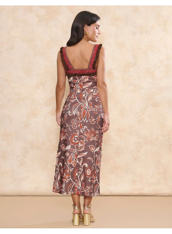 Brown printed midi skirt with flared fit