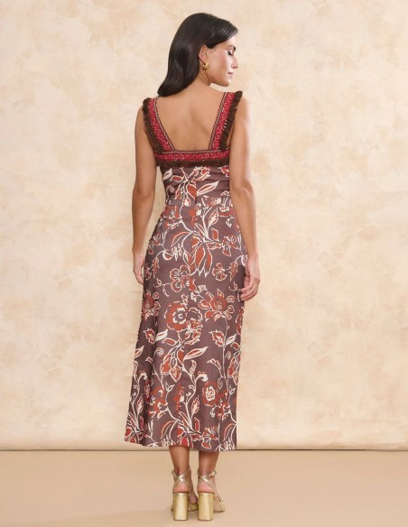 Top pour invités marron avec encolure carrée et larges bretelles imprimées