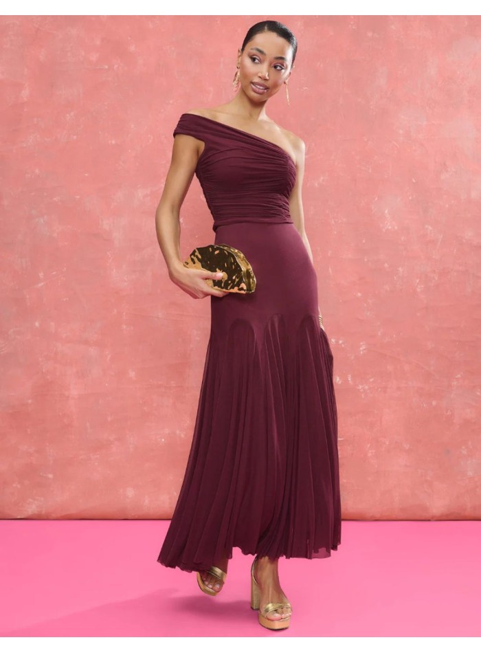 Falda midi color berenjena con corte godets