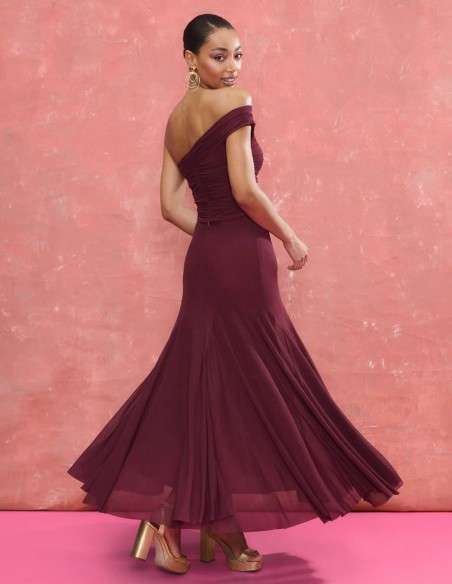 Asymmetrical draped tulle top in eggplant color