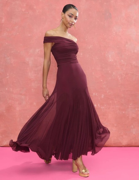 Asymmetrical draped tulle top in eggplant color