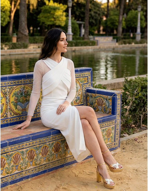 White midi guest dress with crossover neckline and tulle sleeves 2