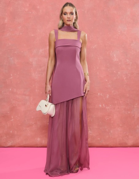 Long mauve shawl in chiffon fabric